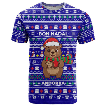 Bon Nadal Andorra Christmas T-Shirt Holiday Bear, Snowflakes, Paw Prints & Winter Graphic Tee