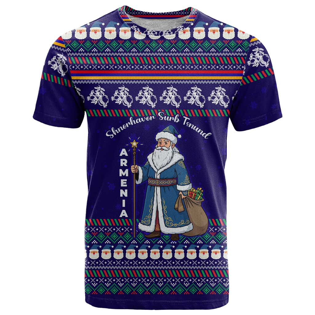 Armenia Christmas T-Shirt with Santa Claus Shnorhavor Surb Tsnund and Gift Bag Pattern Graphic Tee