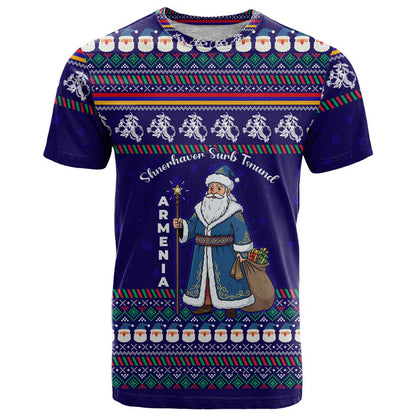 Armenia Christmas T-Shirt with Santa Claus Shnorhavor Surb Tsnund and Gift Bag Pattern Graphic Tee