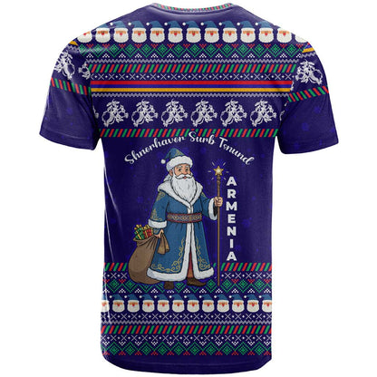 Armenia Christmas T-Shirt with Santa Claus Shnorhavor Surb Tsnund and Gift Bag Pattern Graphic Tee
