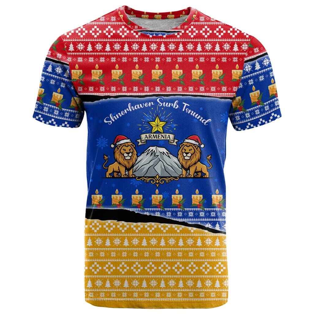 Armenia Christmas T-Shirt with Shnorhavor Surb Tsnund Lions Flag Colors and Coat of Arms Graphic Tee