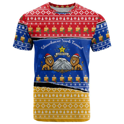 Armenia Christmas T-Shirt with Shnorhavor Surb Tsnund Lions Flag Colors and Coat of Arms Graphic Tee