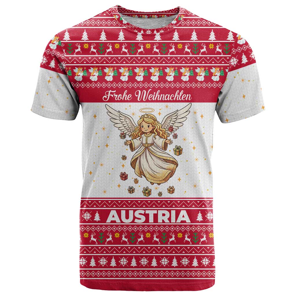 Austria Christmas T-Shirt with Frohe Weihnachten Angel Design and Red White Holiday Graphic Tee