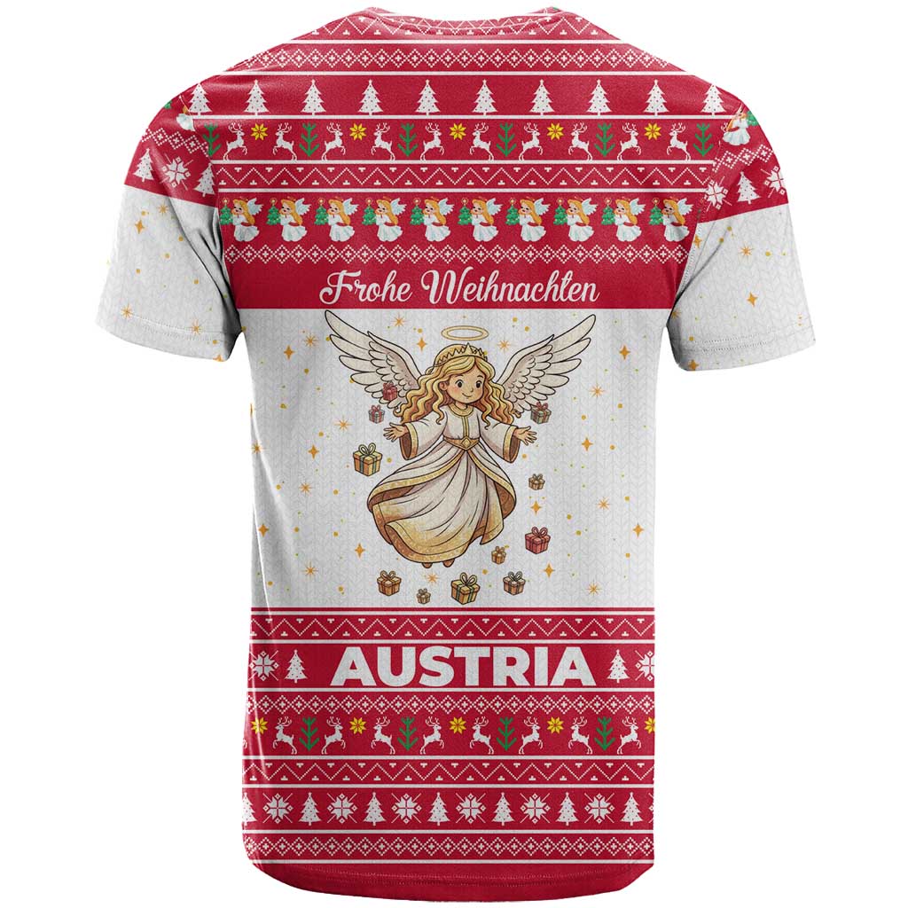 Austria Christmas T-Shirt with Frohe Weihnachten Angel Design and Red White Holiday Graphic Tee