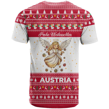 Austria Christmas T-Shirt with Frohe Weihnachten Angel Design and Red White Holiday Graphic Tee
