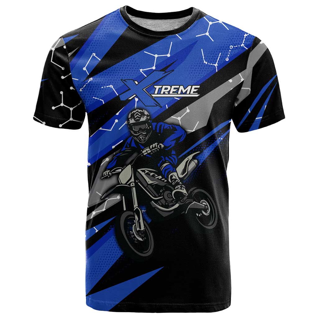 Personalized Extreme Motocross T-Shirt with Blue Rider Dirt Bike Racing Design Graphic Tee