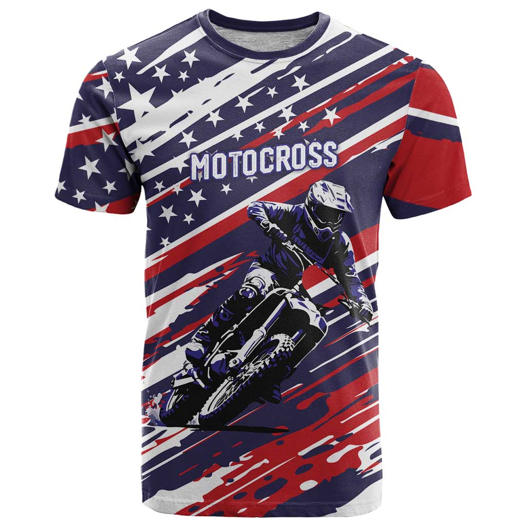 Personalized Patriotic Motocross T-Shirt with USA Flag Colors Dirt Bike Racing Design Graphic Tee
