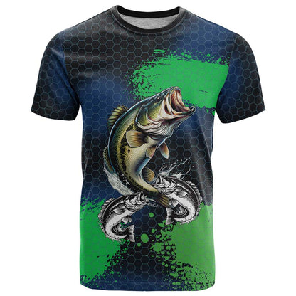 Personalized Bass Fishing T-Shirt with Jumping Fish Green and Black Angler Design Graphic Tee