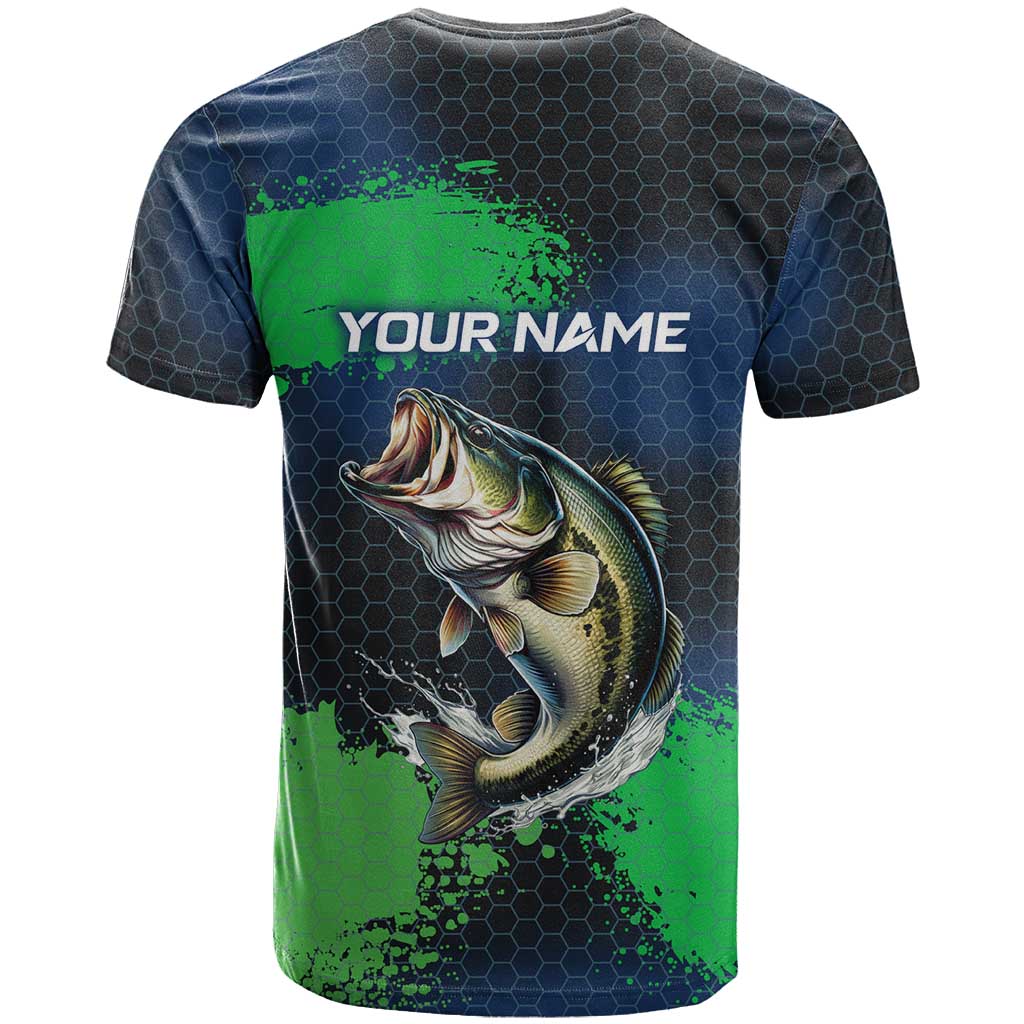 Personalized Bass Fishing T-Shirt with Jumping Fish Green and Black Angler Design Graphic Tee