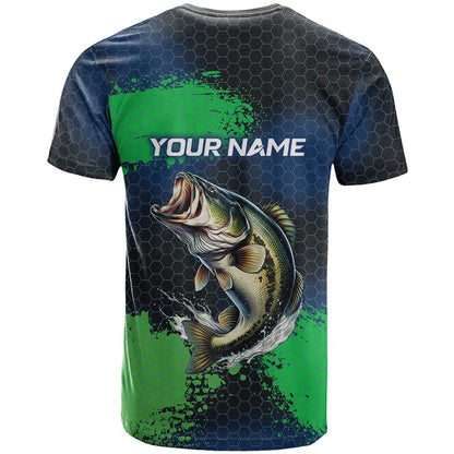 Personalized Bass Fishing T-Shirt with Jumping Fish Green and Black Angler Design Graphic Tee