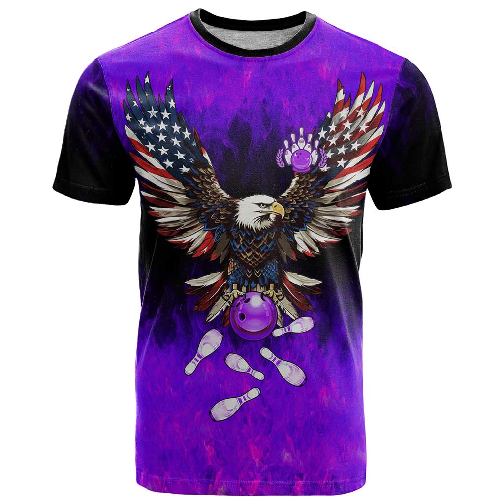 Personalized Patriotic Eagle Bowling T-Shirt with Purple Flames USA Flag Wings Design Graphic Tee