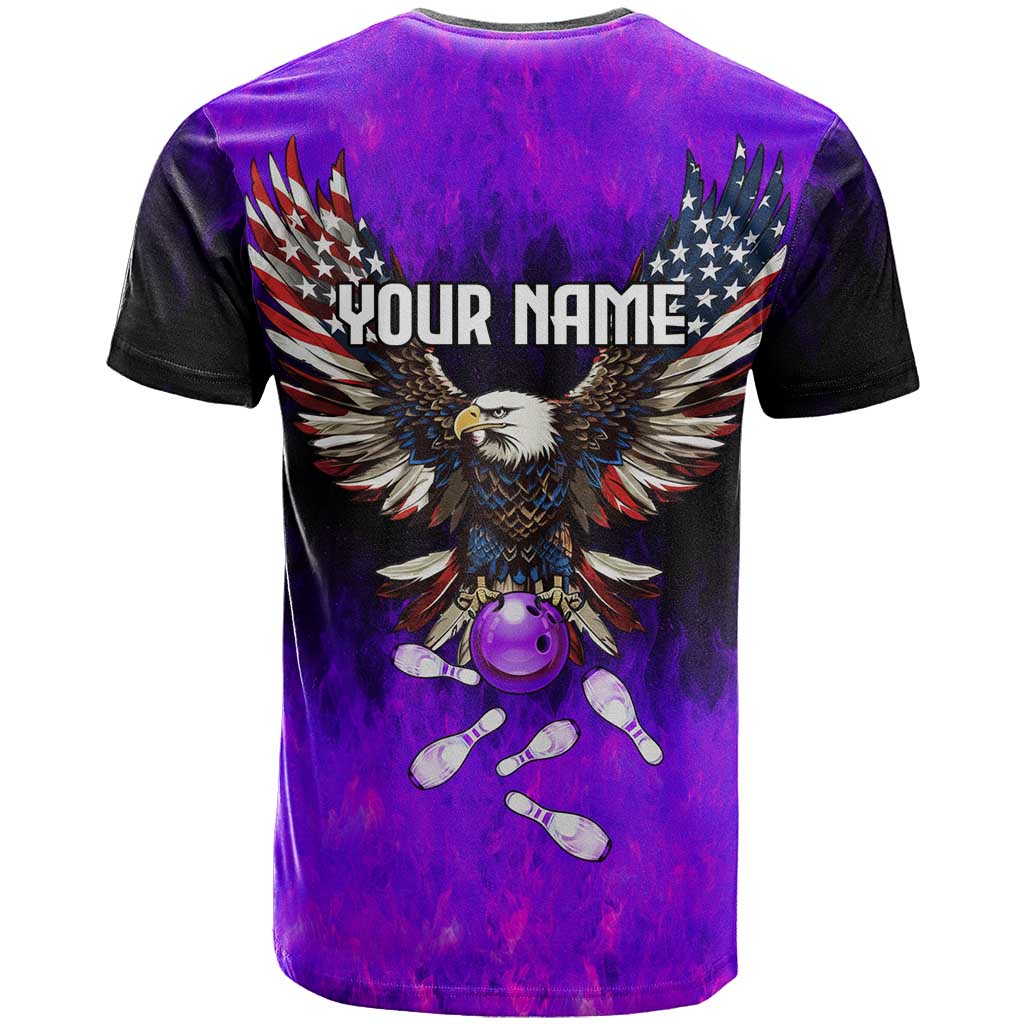 Personalized Patriotic Eagle Bowling T-Shirt with Purple Flames USA Flag Wings Design Graphic Tee