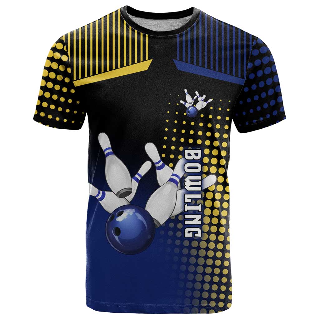Personalized Blue and Yellow Bowling T-Shirt with Striking Pins Retro Dot Pattern Design Graphic Tee