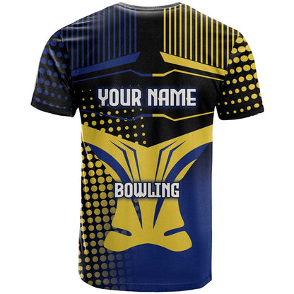 Personalized Blue and Yellow Bowling T-Shirt with Striking Pins Retro Dot Pattern Design Graphic Tee
