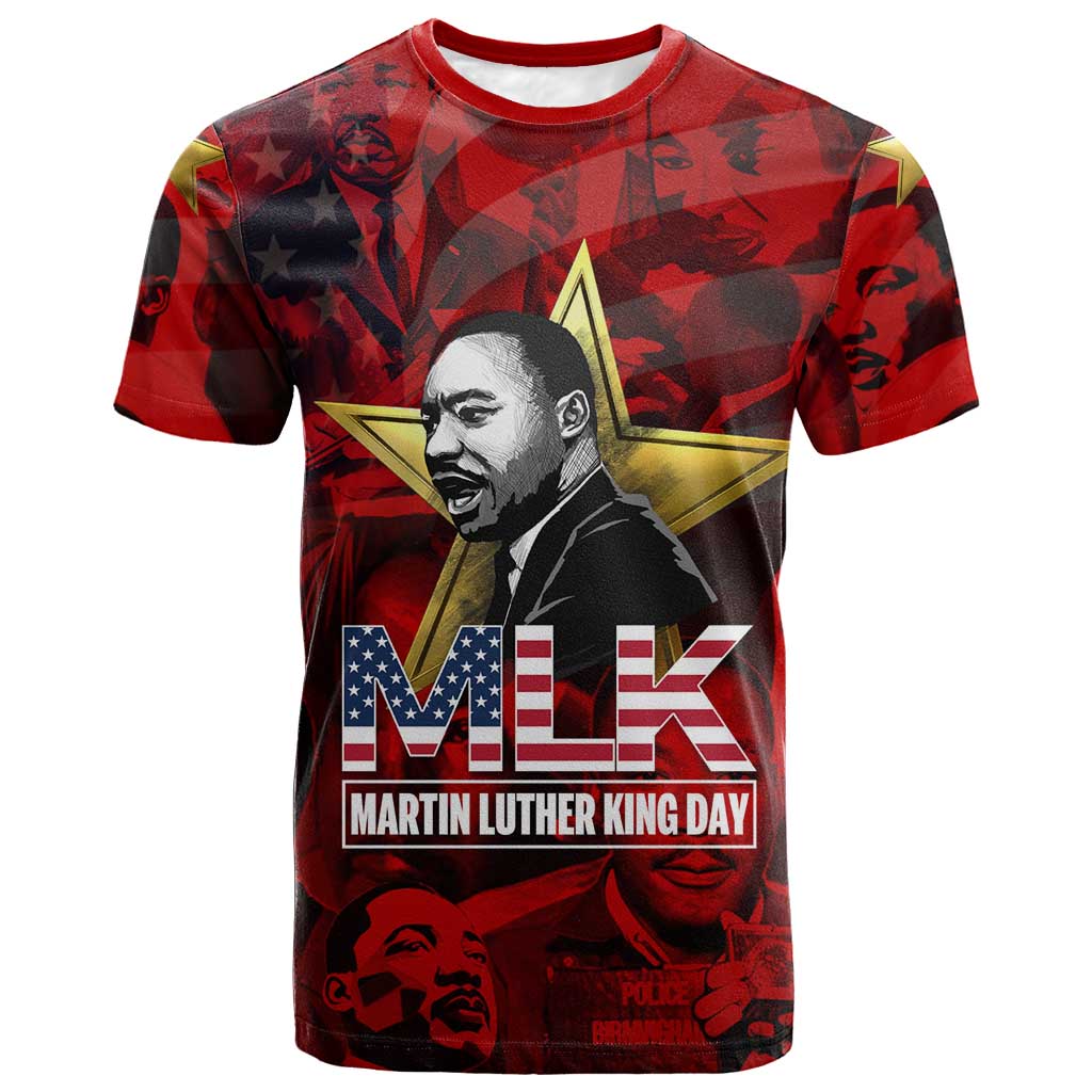 MLK Day T-Shirt Martin Luther King Jr Tribute American Flag Lettering Graphic Tee