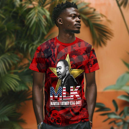 MLK Day T-Shirt Martin Luther King Jr Tribute American Flag Lettering Graphic Tee
