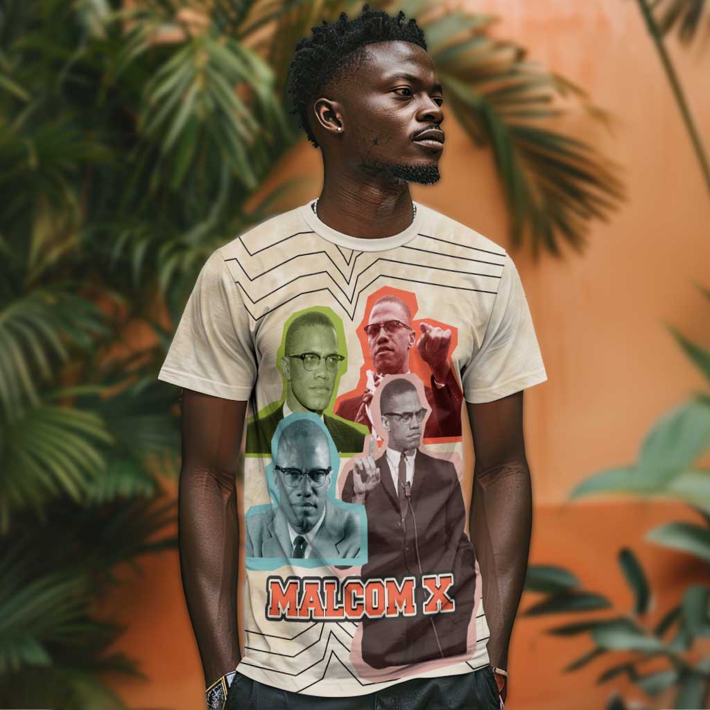 Malcolm X T-Shirt Pop Art Portrait Collage Civil Rights Activist Retro Style Design Graphic Tee