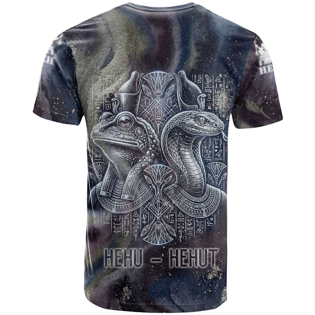 Egyptian Heh and Hauhet T-Shirt Serpent Duo Design Cosmic Infinity and Eternal Balance Motif Graphic Tee