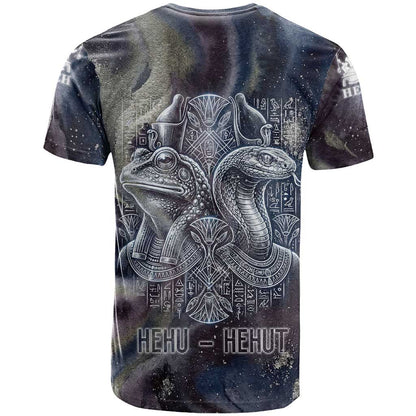 Egyptian Heh and Hauhet T-Shirt Serpent Duo Design Cosmic Infinity and Eternal Balance Motif Graphic Tee