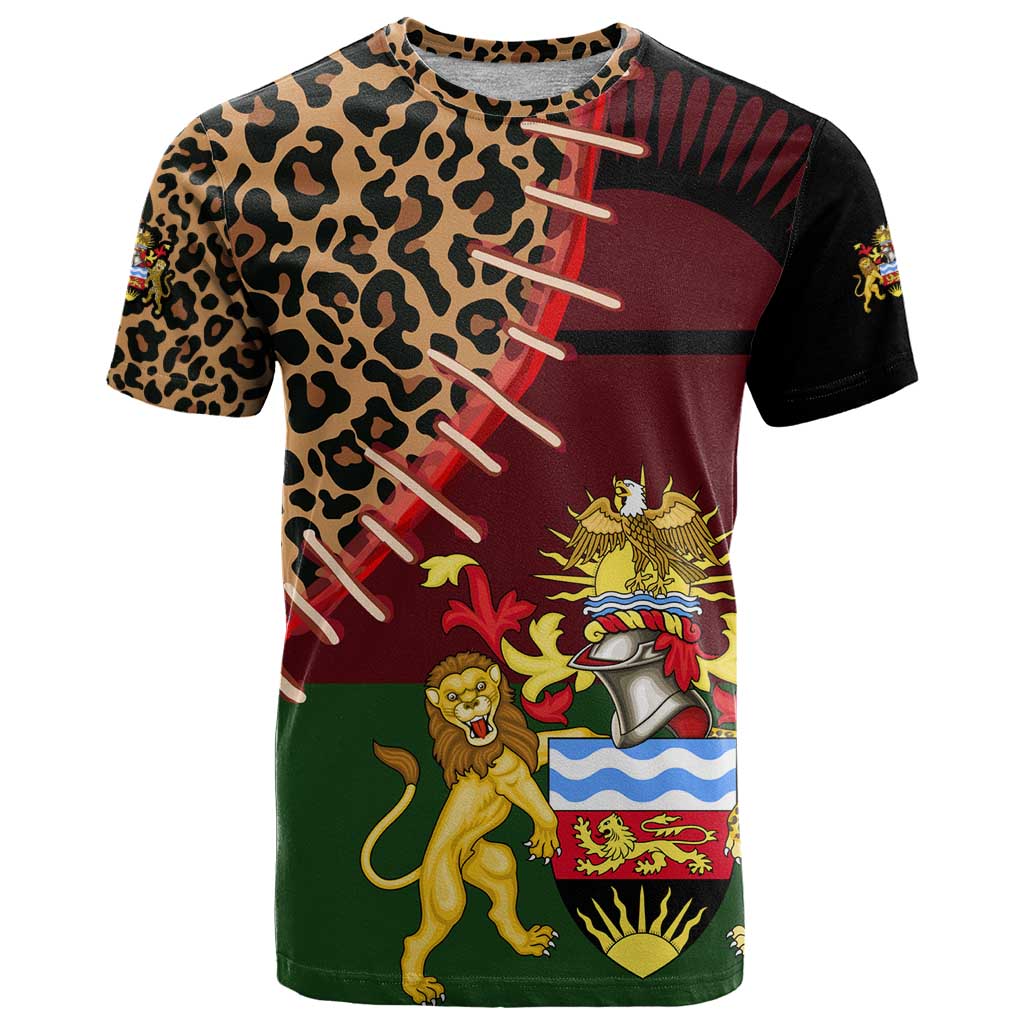 Malawi T-Shirt Coat of Arms & Leopard Print - Unique Motif Fusion Graphic Tee