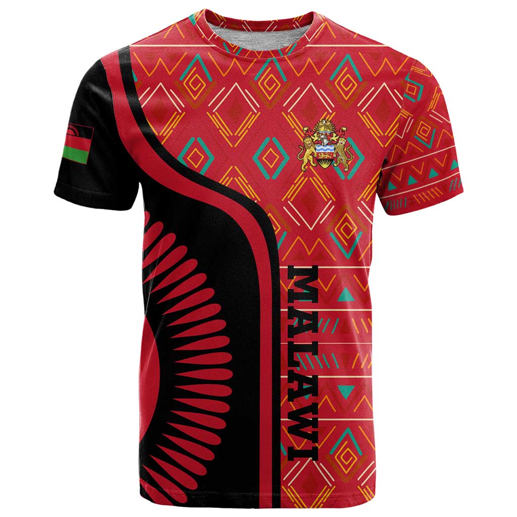 Malawi Patterns T-Shirt Blended with Flag Colors & National Emblem - Cultural Fusion Design Graphic Tee