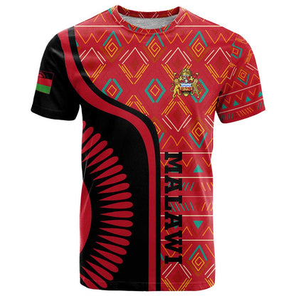 Malawi Patterns T-Shirt Blended with Flag Colors & National Emblem - Cultural Fusion Design Graphic Tee
