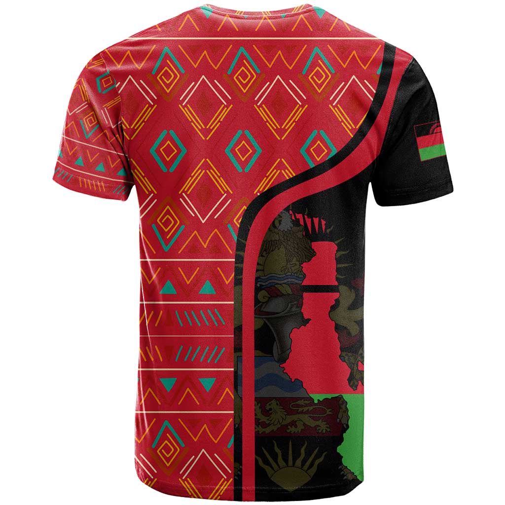 Malawi Patterns T-Shirt Blended with Flag Colors & National Emblem - Cultural Fusion Design Graphic Tee
