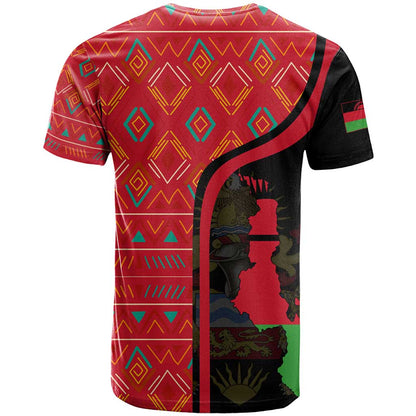 Malawi Patterns T-Shirt Blended with Flag Colors & National Emblem - Cultural Fusion Design Graphic Tee