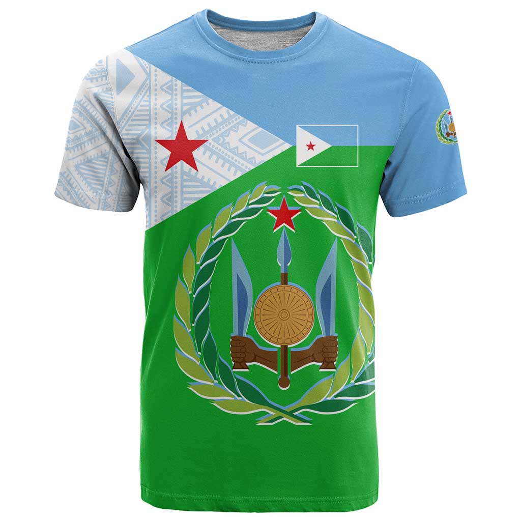 Djibouti Cultural T-Shirt National Emblem, Tribal Motifs and Red Star Symbol of Unity Graphic Tee