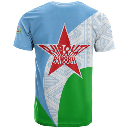 Djibouti Cultural T-Shirt National Emblem, Tribal Motifs and Red Star Symbol of Unity Graphic Tee