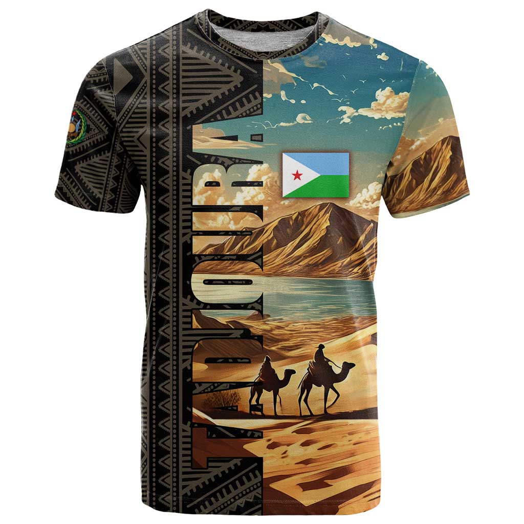 Djibouti Desert Landscape Tadjoura T-Shirt with Camel Riders and Tribal Pattern Design Graphic Tee