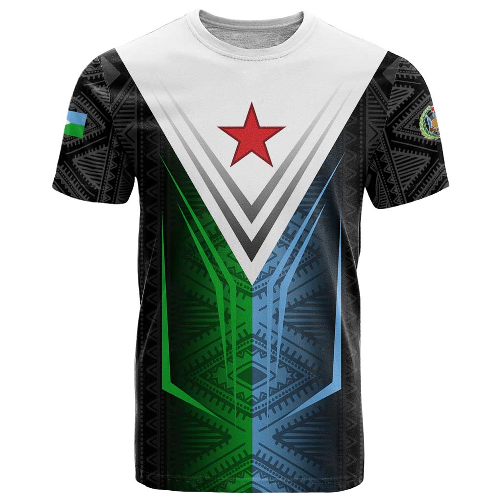 Djibouti Fusion T-Shirt Tribal Geometry Meets National Colors and Red Star Boldness Graphic Tee
