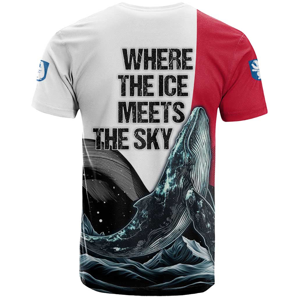 Greenland Whale T-Shirt with Arctic Waves and Where the Ice Meets the Sky Text Design Graphic Tee