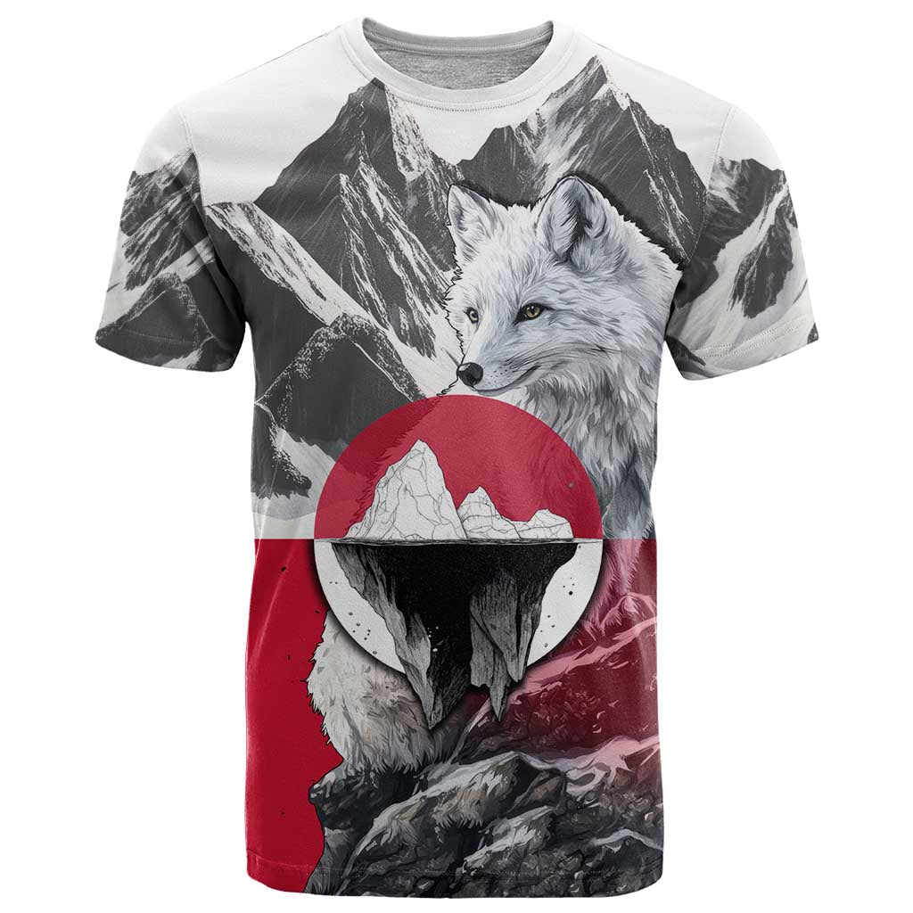 Greenland T-Shirt with Arctic Fox, Mountains, and Frozen Yet Fierce Text Design Graphic Tee