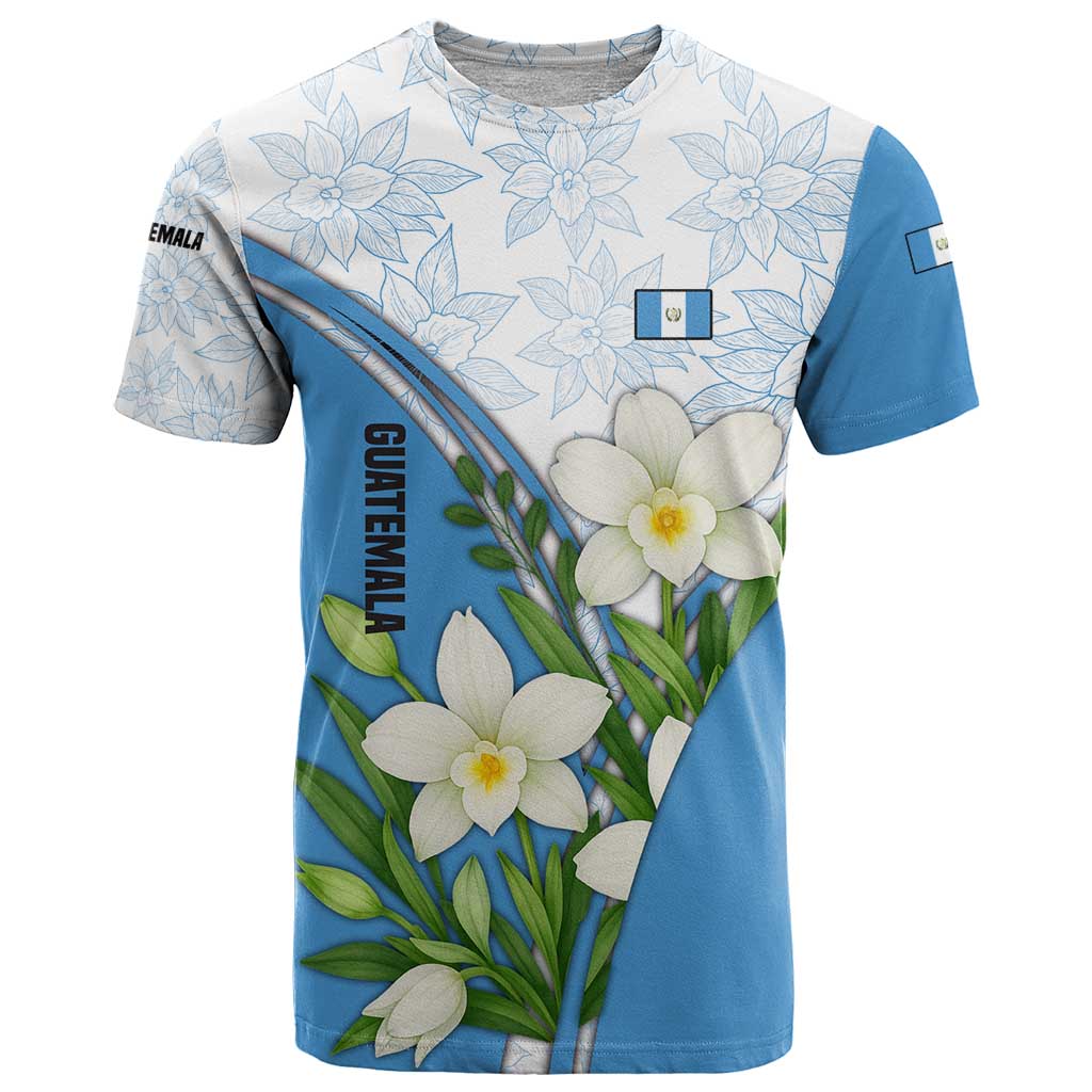 Guatemala White Monja Blanca Flower T-Shirt with Blue Flag Theme and Floral Pattern Design Graphic Tee