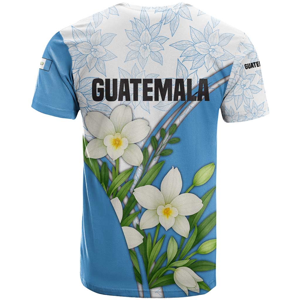 Guatemala White Monja Blanca Flower T-Shirt with Blue Flag Theme and Floral Pattern Design Graphic Tee