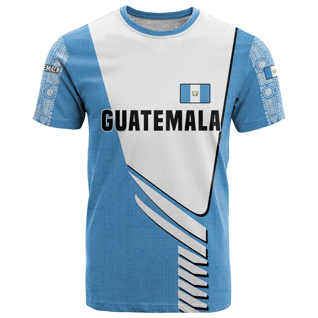Guatemala Cute Quetzal Bird T-Shirt with Blue White Flag Colors and Tribal Pattern Design Graphic Tee