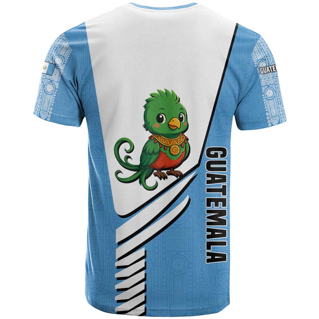 Guatemala Cute Quetzal Bird T-Shirt with Blue White Flag Colors and Tribal Pattern Design Graphic Tee