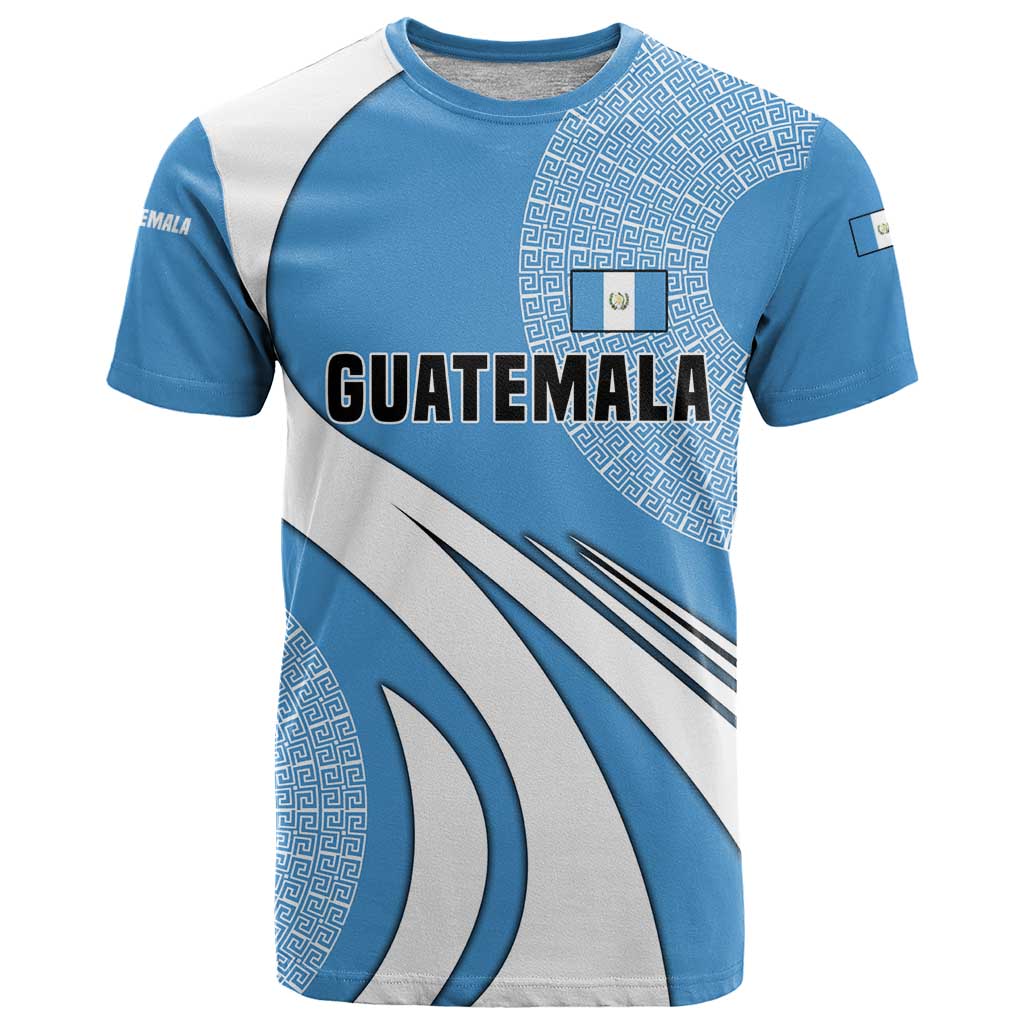Guatemala Flag Map T-Shirt with Blue White Swirl and Geometric Pattern Design Graphic Tee
