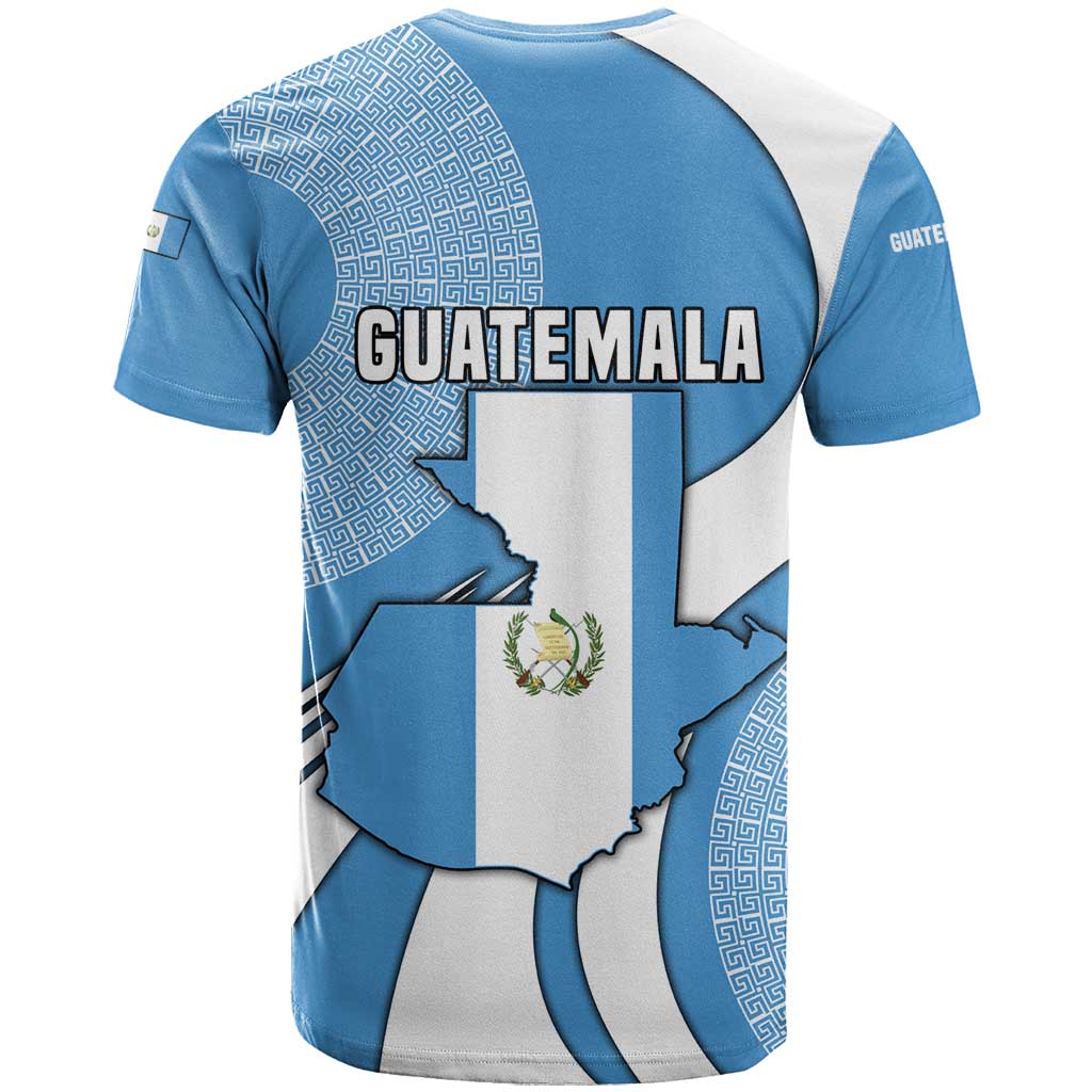 Guatemala Flag Map T-Shirt with Blue White Swirl and Geometric Pattern Design Graphic Tee