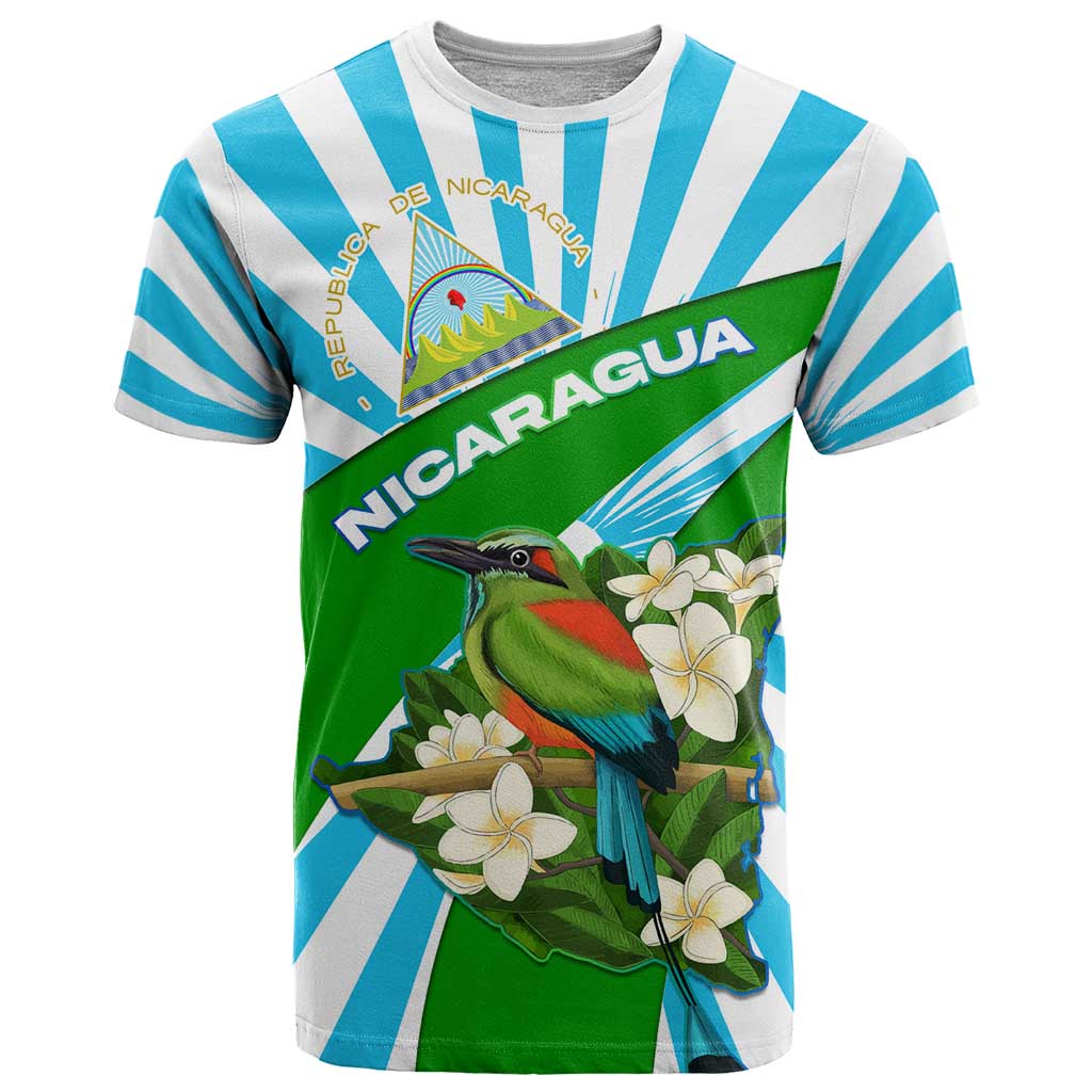 Nicaragua National Bird T-Shirt with White Flor de Sacuanjoche and Blue Stripe Design Graphic Tee