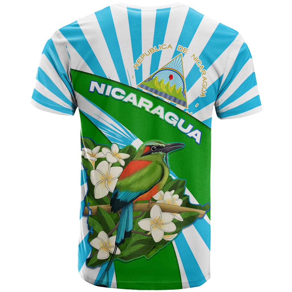 Nicaragua National Bird T-Shirt with White Flor de Sacuanjoche and Blue Stripe Design Graphic Tee