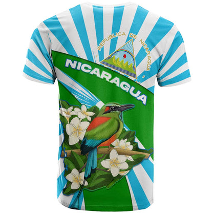 Nicaragua National Bird T-Shirt with White Flor de Sacuanjoche and Blue Stripe Design Graphic Tee