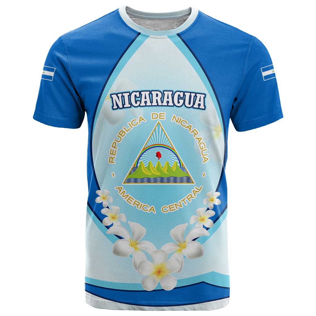 Nicaragua National Emblem T-Shirt with White Flor de Sacuanjoche and Blue Gradient Design Graphic Tee