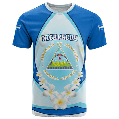 Nicaragua National Emblem T-Shirt with White Flor de Sacuanjoche and Blue Gradient Design Graphic Tee