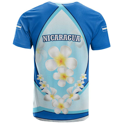 Nicaragua National Emblem T-Shirt with White Flor de Sacuanjoche and Blue Gradient Design Graphic Tee