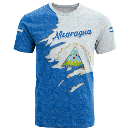 Nicaragua Flag Ripped Effect T-Shirt with National Emblem and Floral Pattern Design Graphic Tee