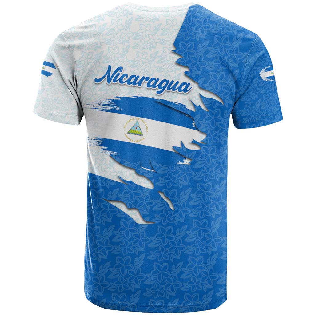 Nicaragua Flag Ripped Effect T-Shirt with National Emblem and Floral Pattern Design Graphic Tee