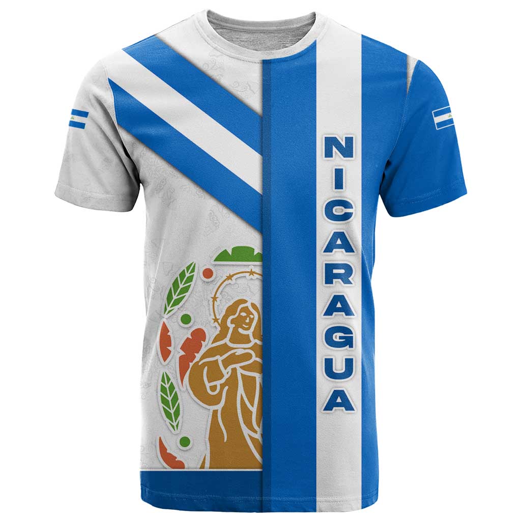 Nicaragua Cultural Art T-Shirt with Blue White Stripes and Indigenous Motif Design Graphic Tee