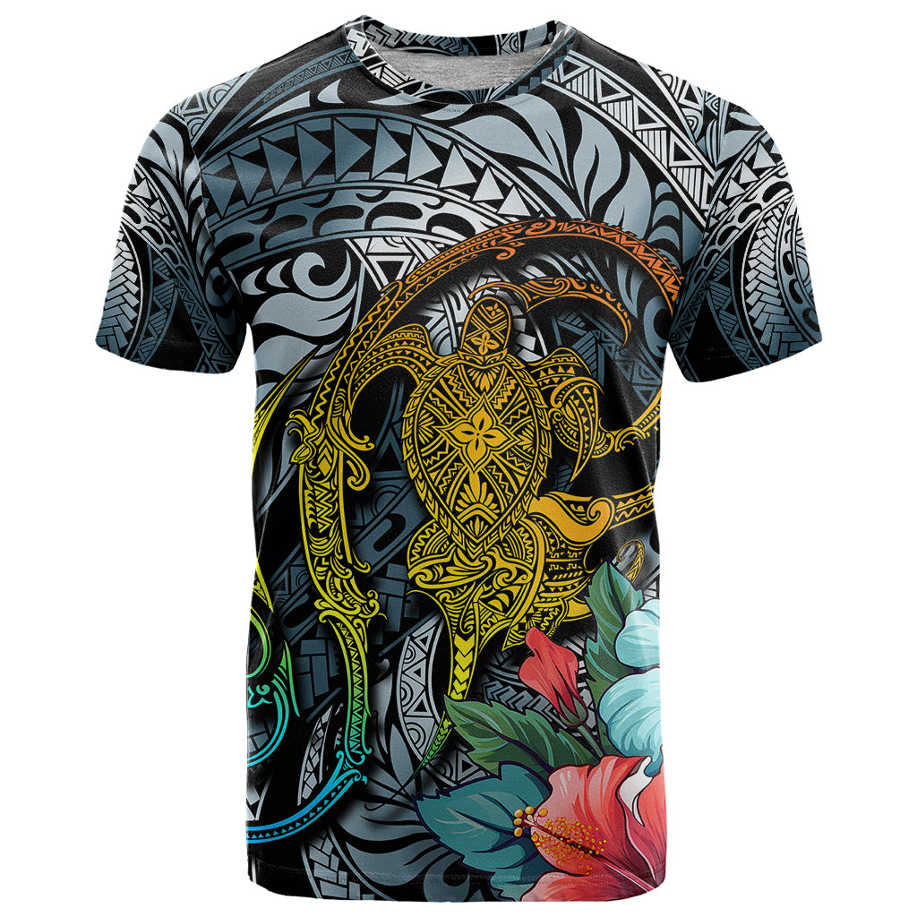Hawaii Turtle T-Shirt Hawaii Pattern and Turtle Tattoo Dark Cyan Gradient Graphic Tee